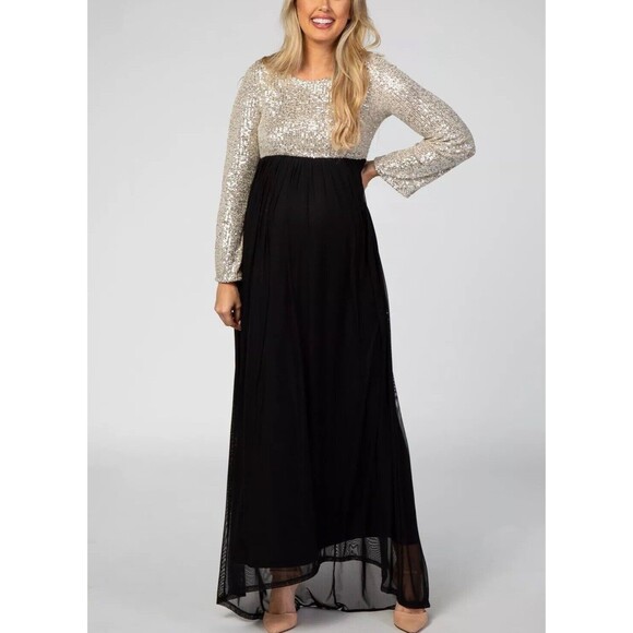 PinkBlush Maternity Dress Gold Sequin Bodice Tulle Long Sleeve Maxi Gown Small - Picture 3 of 13